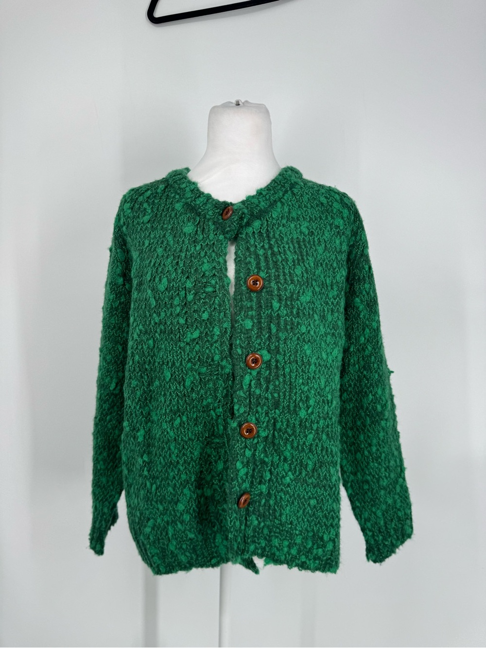 Vintage Yanggi Emerald Green Textured Knit Cardigan Sweater Warm Cozy Handmade